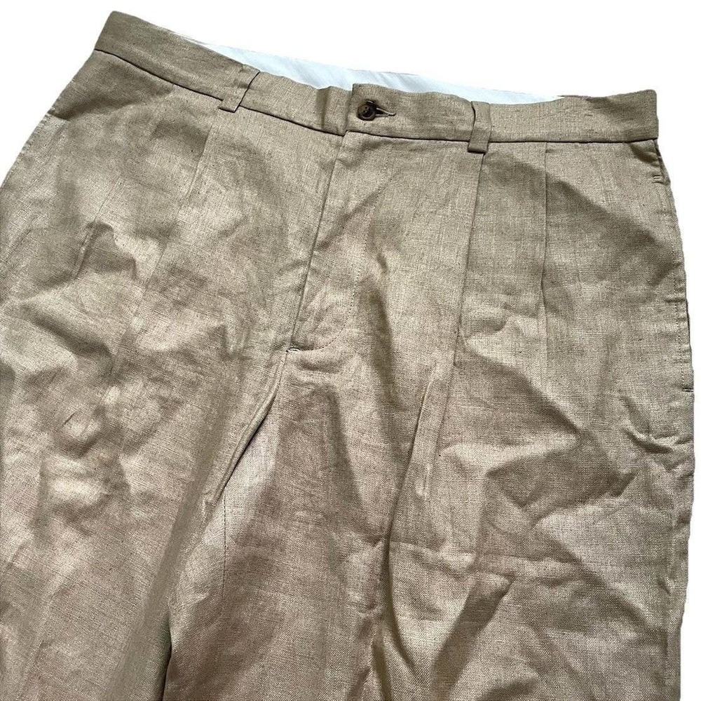 Vtg Brooks Brothers 100% Linen Pleated Pants Men 36x30 Tan Khaki Cuff High Waist - Picture 2 of 9